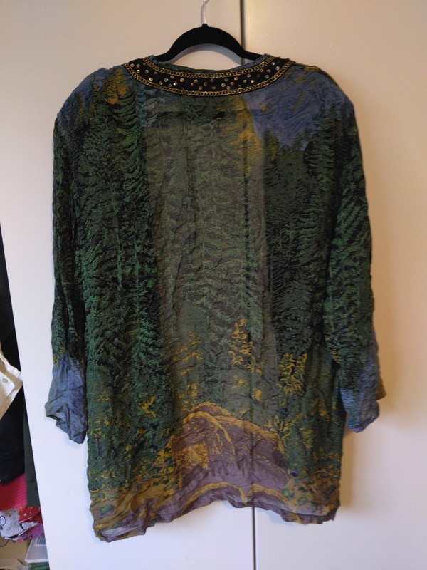 Womens Elegant Sheer Artsy Open Front Duster Size L Gold Hem Trim Unique Flowy gallery