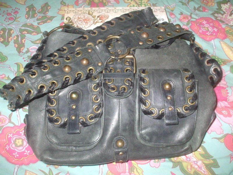 Betsey Johnson gray leather studded hippie boho shoulder bag tote shopper travel