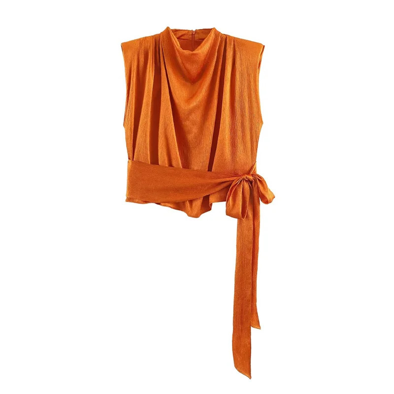 Women’s Top 2026 Spring New Style Orange Sleeveless Satin Texture Long Ribbon To