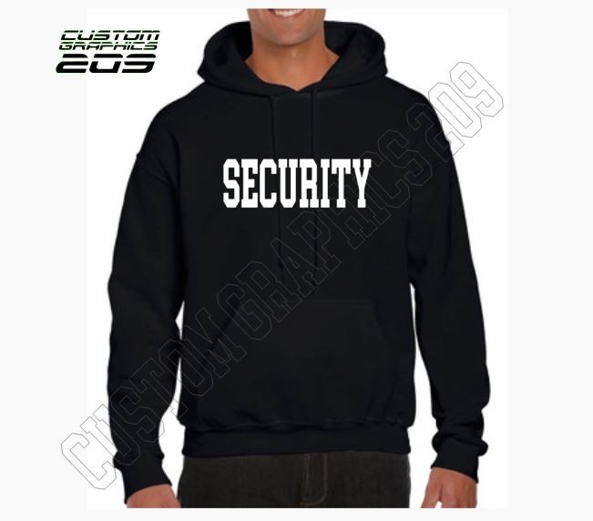 SECURITY Black Hoodie Front & Back Print Bold Text Unisex Cotton Blend Sweatshir