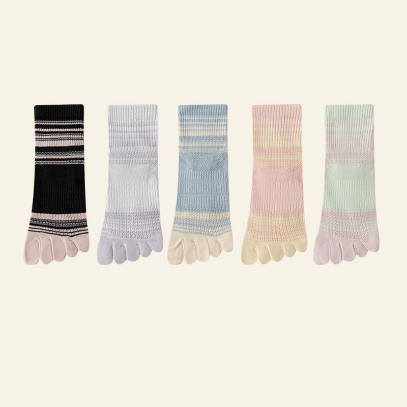 5Pack Women Five Finger Toe Socks Crew Sport Colors Mesh Casual Calf Striped 5-9