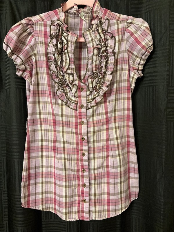 MAX RAVE S PINK PURPLE PLAID PRAIRIE RUFFLE COTTON BLN FITTED SHIRT BLOUSE WOMEN