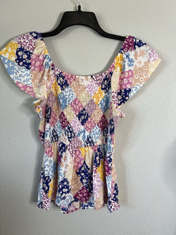 Boutique Andree By Unit Multicolor Patchwork Peplum Top Small NWT gallery