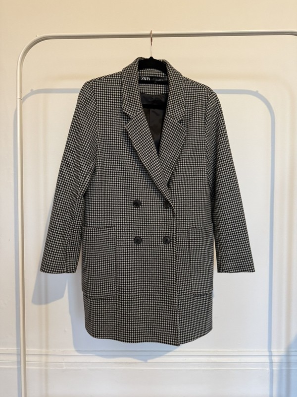Zara Houndstooth Check Oversized Coat Blazer Jacket Soft Cotton Blend Size S