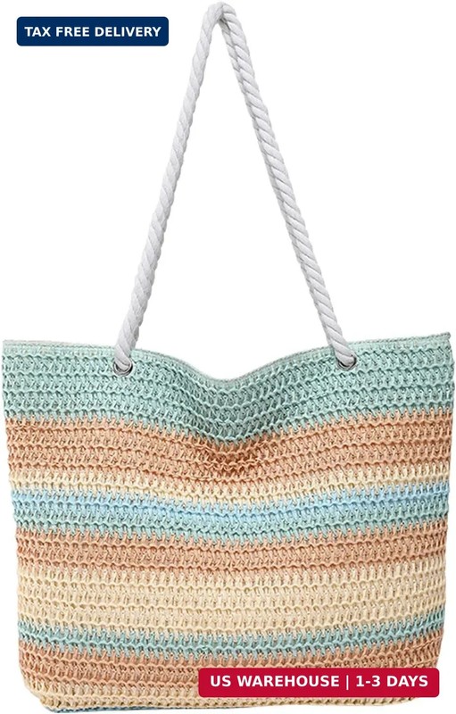 Andiker Rainbow Straw Bags for Women 2025, Lightweight Large Beach Bag with Zipp