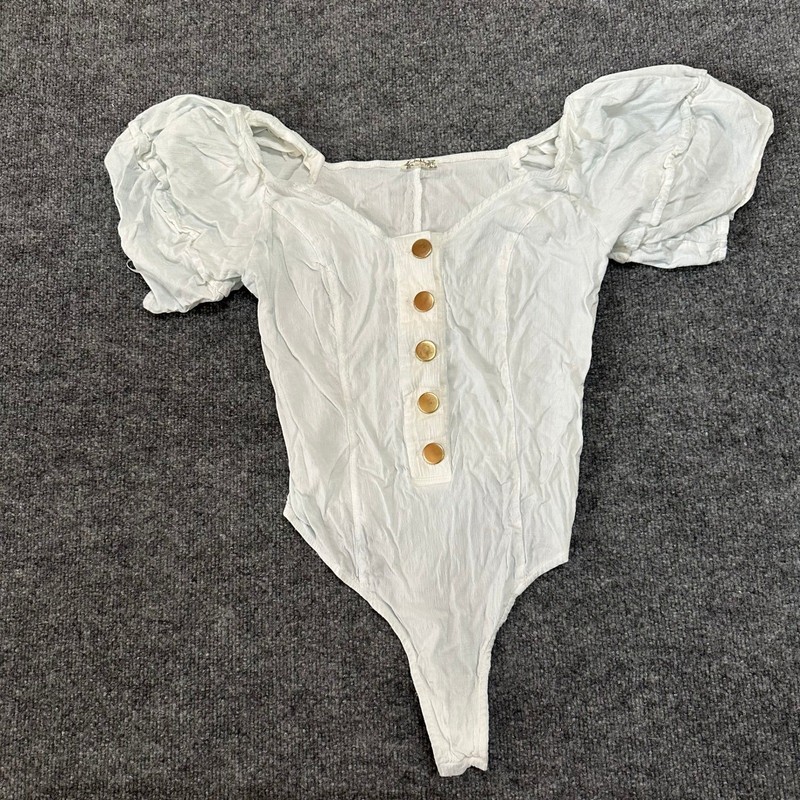 Free People Bodysuit Womens Size Medium White Puff Sleeve Gold Button Boho Chic