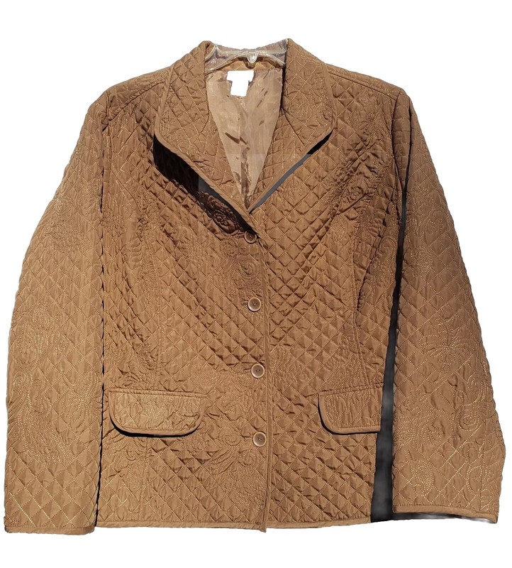 Covington Woman Light Brown Quilted Embroidered Floral Jacket Button Fron 16-18W gallery
