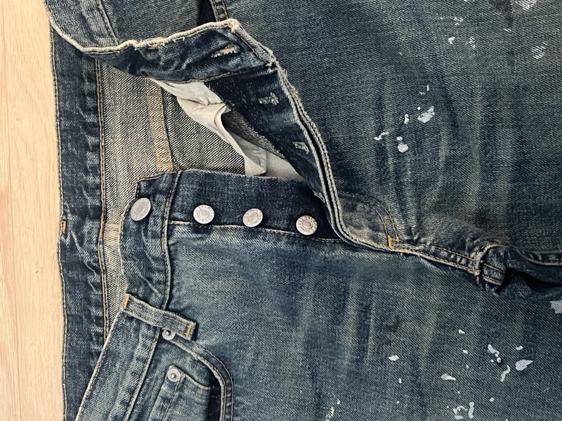 HELMUT LANG Straight Leg Blue Denim Jeans Paint Splatter Button Fly 5-Pocket gallery