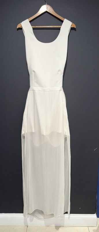 BCBGMAXAZRIA Dress Womens 12 White Sheer Overlay Formal Bridal Midi