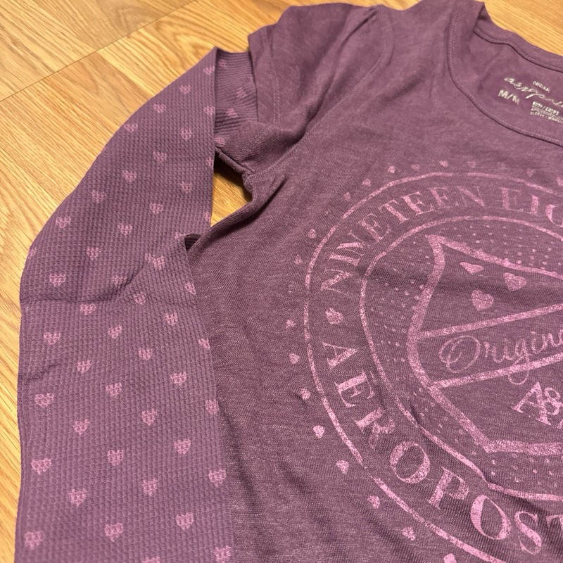 Aéropostale Women's Purple Waffle Knit Heart Sleeve Graphic Tee Scoop M gallery