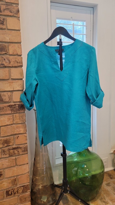 Lauren Ralph Lauren Teal 100% Linen Tunic Blouse V-Neck Roll Tab Sleeve M