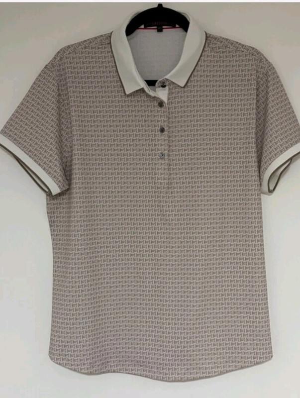 GREYSON Women’s Beige/White Geometric Short Sleeve Collared Button Polo XL