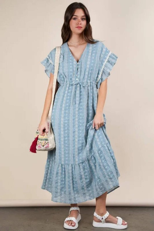 VERY J Cotton Blend Blue Embroidered Boho Flared Ruffle Bow Oversized Maxi Dress