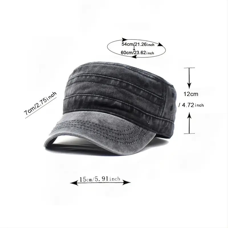 Black Washed Vintage Flat Top Cap, Cotton Military Cadet Army Caps Unique Design gallery