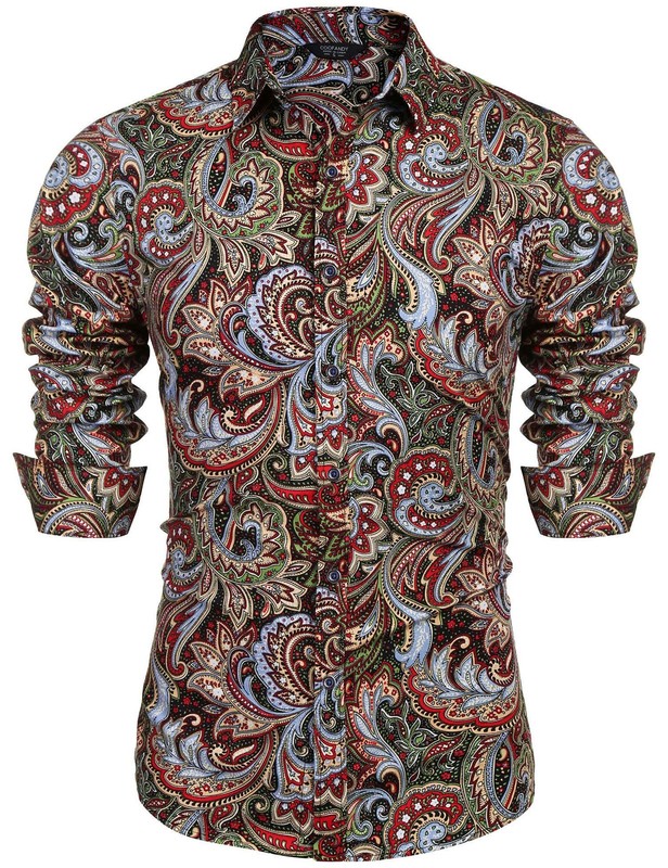 Men’s Floral Print Button Down Casual Long Sleeve Hawaiian Shirt(Wine Red,L)