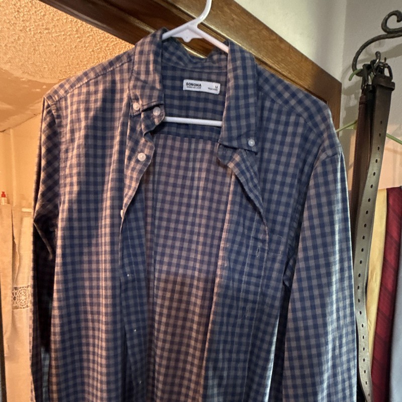 Sonoma Men’s M Regular Blue/Gray Check Long Sleeve Button-Down Shirt
