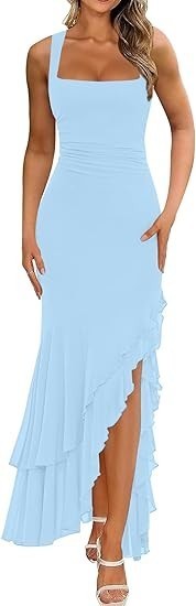 Women’s Elegant Bodycon Ruched Maxi Cocktail Dress Mesh Sleeveless Mermaid Ruffl