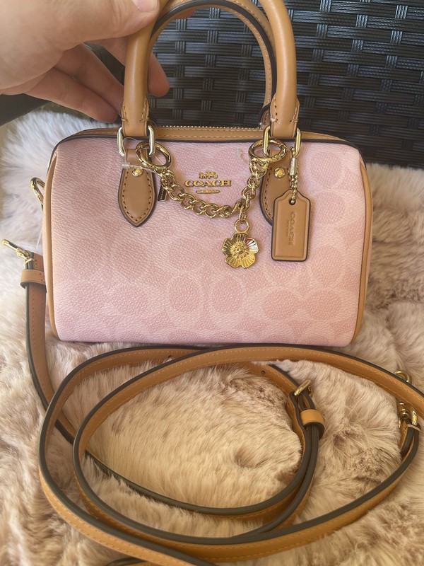 NWT Coach Mini Rowan Crossbody Bag In Signature Canvas Pink Powder CEK79 IN HAND