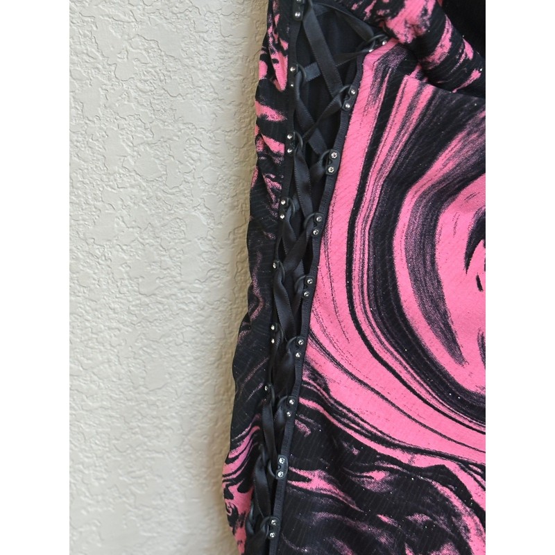 Janine Pink Black Marble Swirl Asymmetric Ruffle Cowl Neck Midi Dress Small Y2K gallery