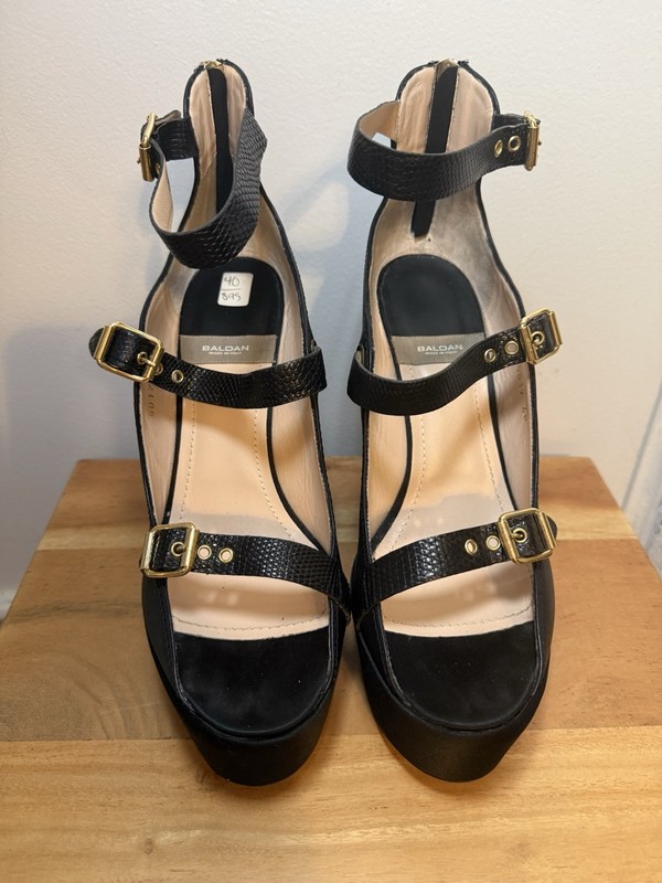 Baldan Women’s Black Leather Wedge Open Toe Ankle Strap Buckle Zip Heel 9