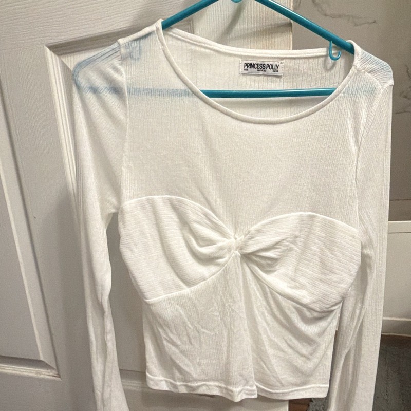 Princess Polly White Round Neck Twist Front Cropped Long Sleeve Knit Top Size L