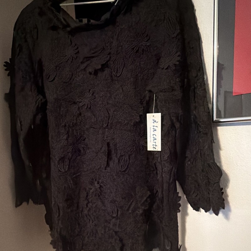 a’la carte Women’s Black Floral Embroidered Tie Lined Mid-Length Jacket M
