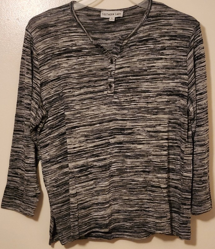 Southern Lady Blouse Size XL Gray White And Black Verigated Stripes