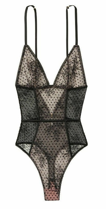 Victoria’s Secret Very Sexy Flocked Dot Teddy One-Piece Bodysuit Black XS NWT