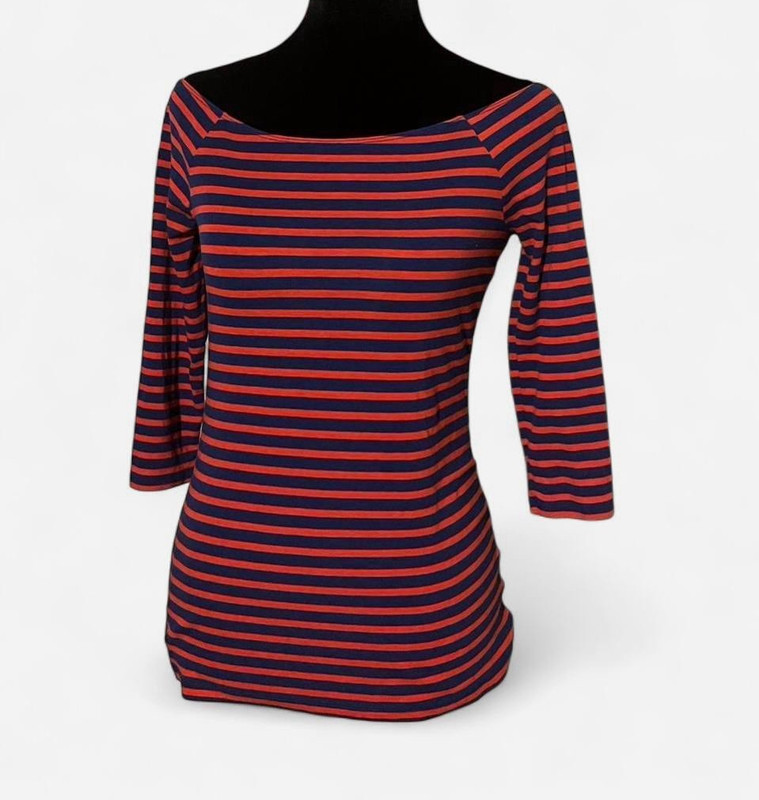 Old Navy Women’s Maternity S Blue & Red Striped Boat Neck 3/4 Sleeve Top