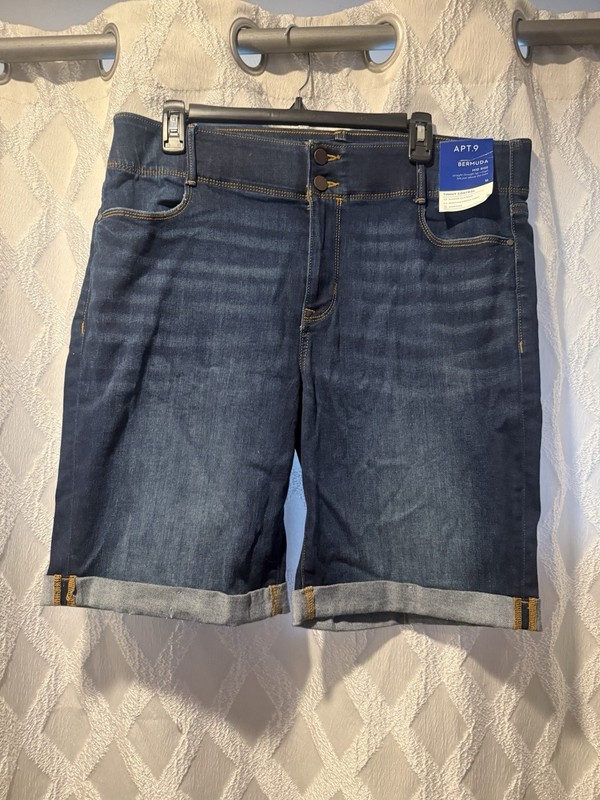 Apt. 9 Bermuda Mid Rise Tummy Control Denim Shorts Stretch Dark Wash 16