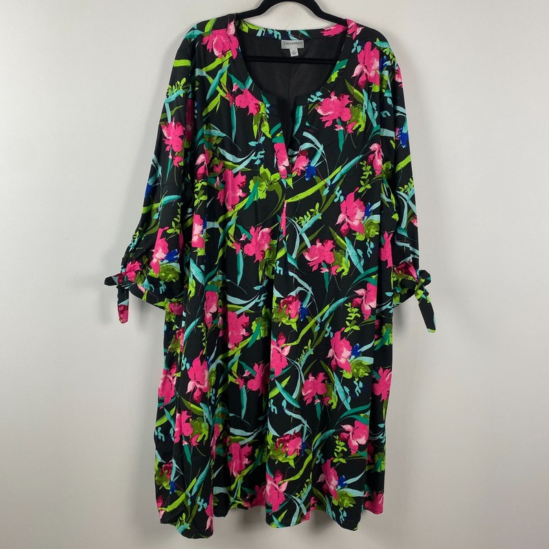 Catherines Tie-Sleeve Café Dress Size 4X Black Pink Floral Pockets 3/4 Sleeves