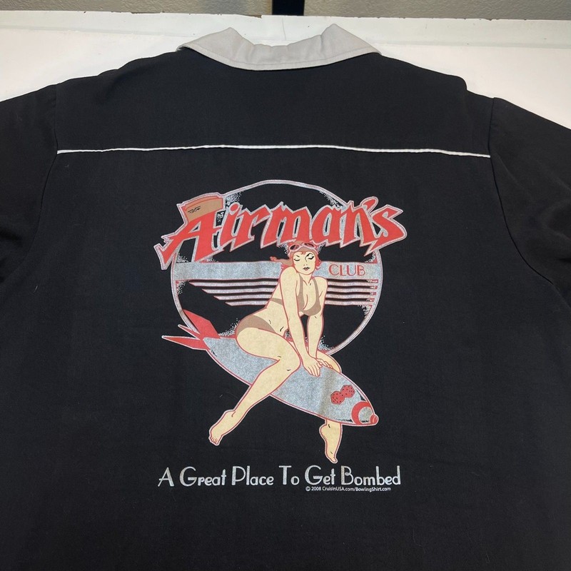AIRMAN’S CLUB Military Dive Bar Bowling SHIRT Sz L WW2 PLANE BOMBER NOSE ART