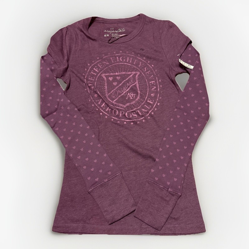 Aéropostale Women’s Purple Waffle Knit Heart Sleeve Graphic Tee Scoop M