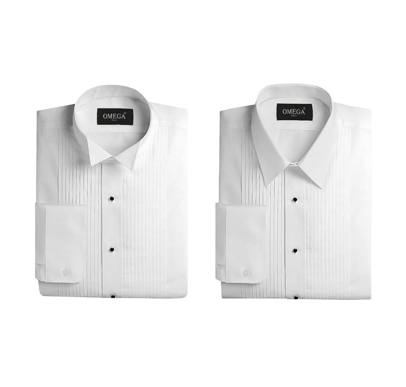 Omega Italy Men’s Pleated Tuxedo Wingtip & Laydown Collar White Dress Shirt