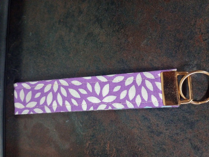 Purple & White Floral Fabric Wristlet Key Chain Strap w/ Metal Key Ring