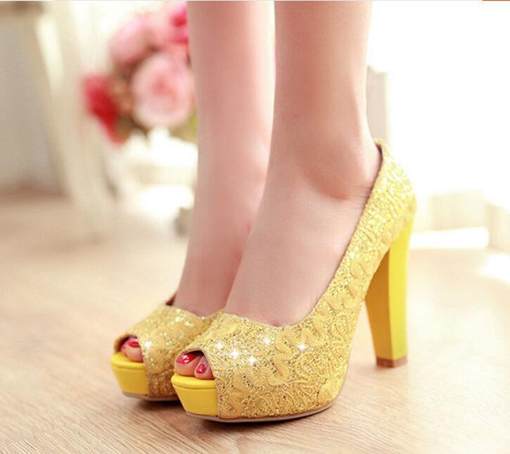 Women Glitter Lace Platform Peep Toe Block High Heel Wedding Bridal Party Shoes