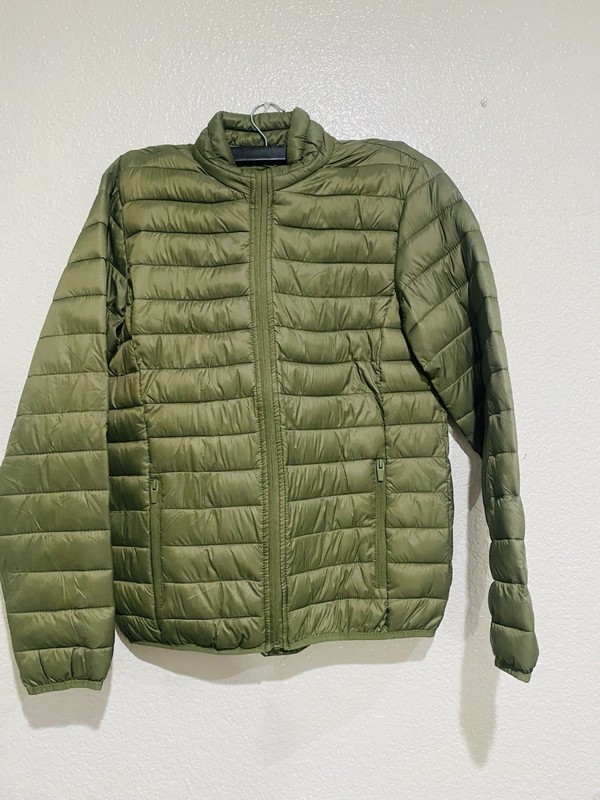 Fashion Nova Men Olive Solid Full Zip Packable Quilted Puffer Jacket Size S