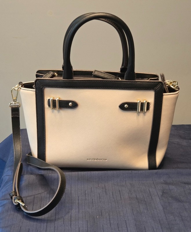 Liz Claiborne Purse Tuxedo Cream and Black Over the Shoulder Purse 4 sections
