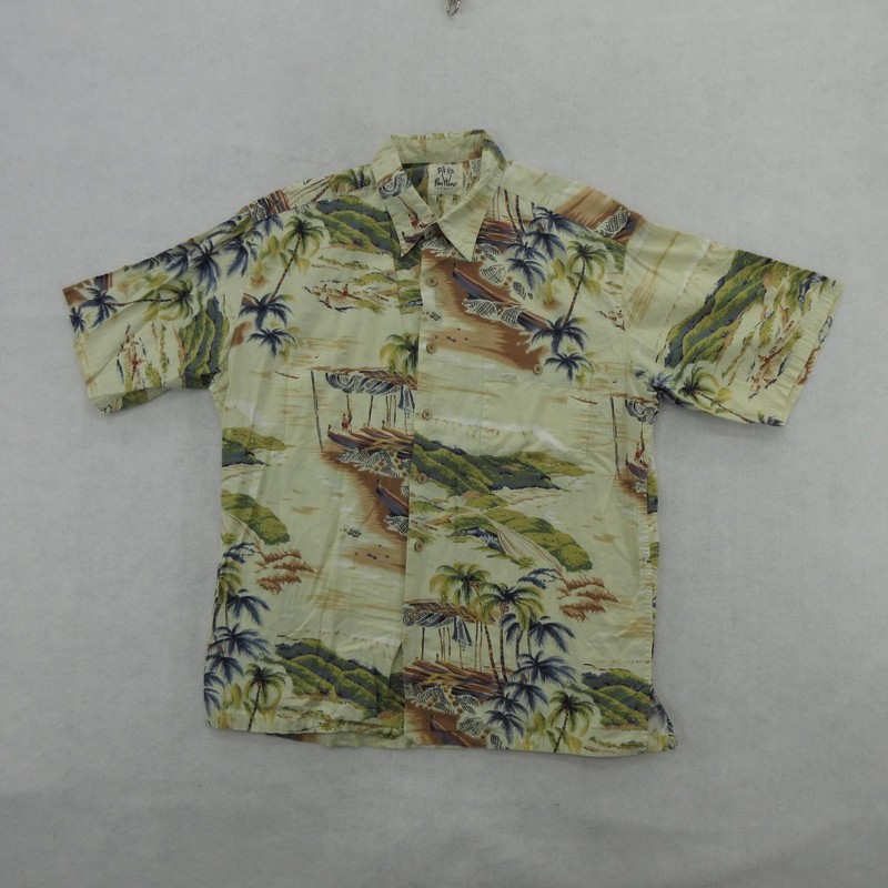 Pau Hana Hawaiian Shirt Mens Large Multicolor Cotton Rayon Palm Tree Beach Aloha