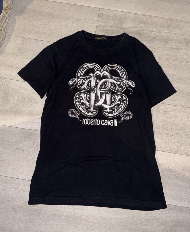 Roberto Cavalli Men’s Black Logo Snake Graphic Print Cotton T-Shirt XL