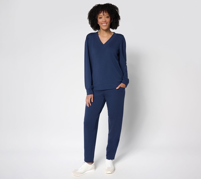 Anybody Petite Cozy Knit French Terry Top & Pants Set Navy 2X New