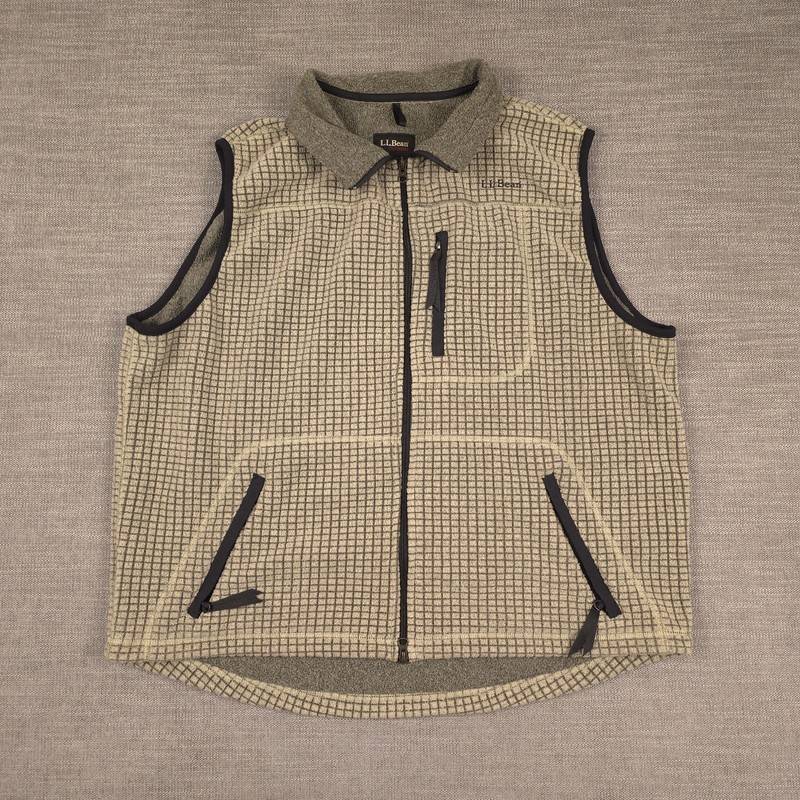 VTG LL Bean Outdoors Mens XL Polartec Tanish Gray Grid Fleece Vest Made In USA