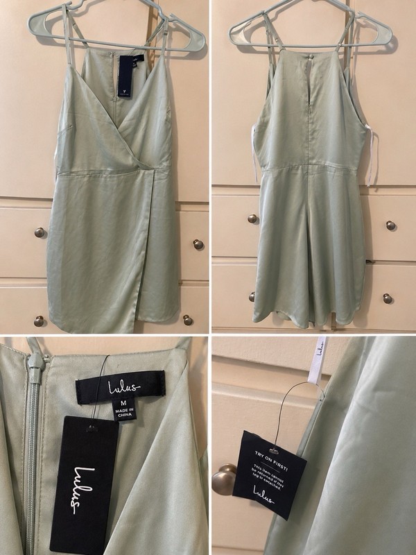 Lulus Green Satin Solid V-Neck Strappy A-Line Mini Dress Sleeveless M