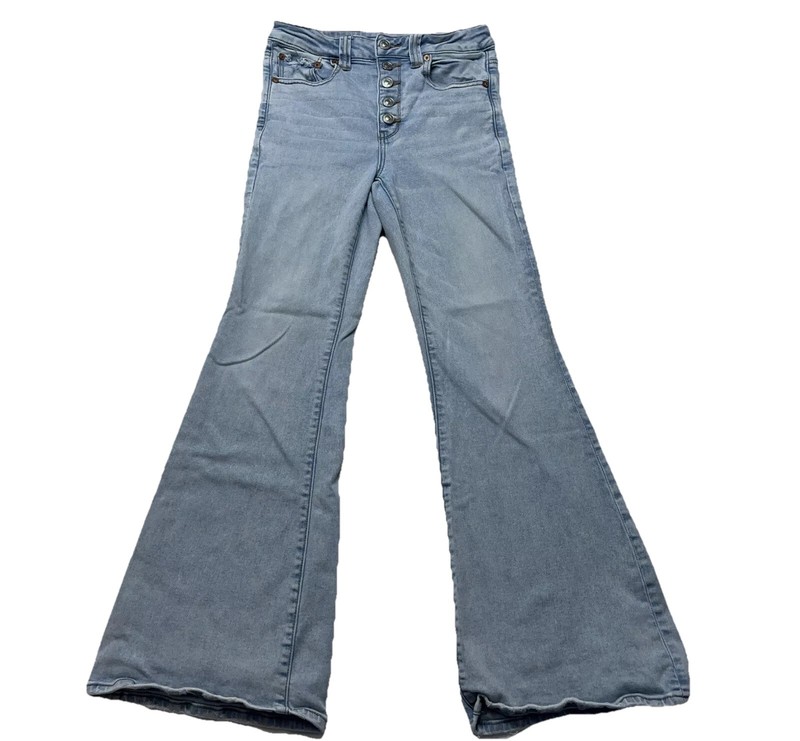 American Eagle Button Fly Jeans Womens Size 6 Wide Leg 26x28 Stretch Blue Denim gallery