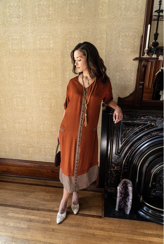 1920’s Copper Orange Silk Dress With Taupe Hem, XS/S