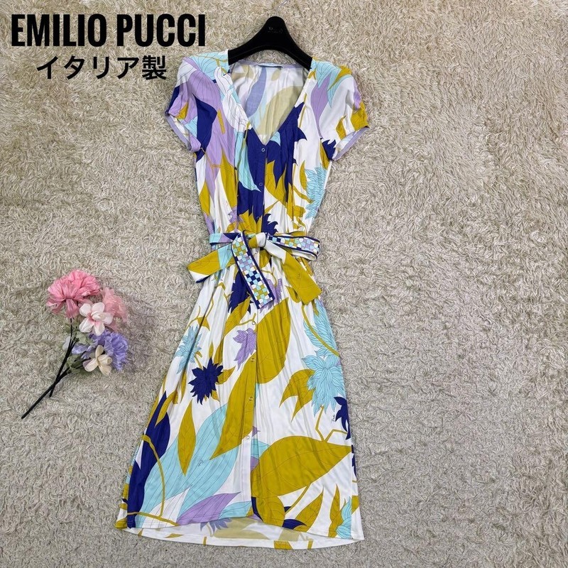 Emilio Pucci Floral Belted Stretch Knee Length Dress Italy Auth