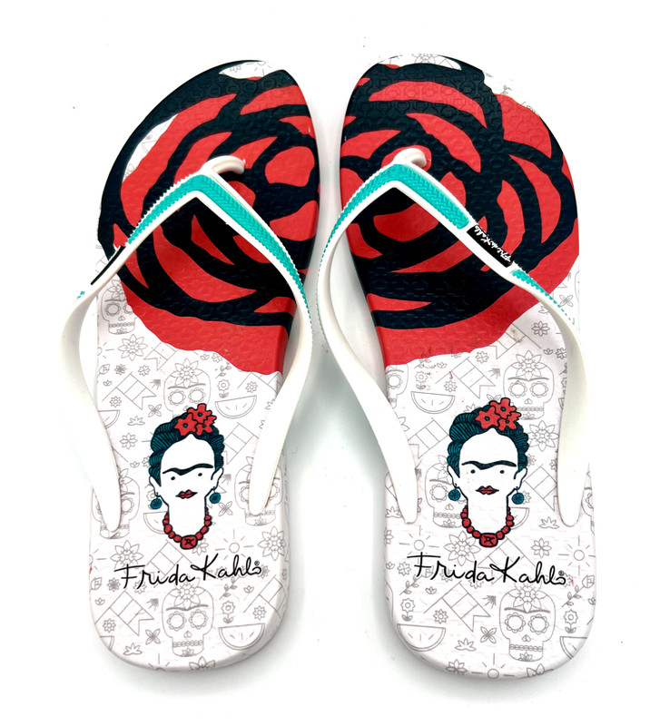 FRIDA KAHLO White Rose Women’s Flip-Flop Sandals, Ish Original , NEW, US Sz 9