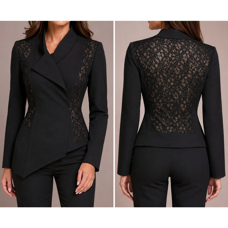 Cache Black Lined Hidden Zipper Elaborate Lace Back Top Jacket New $188 NWT