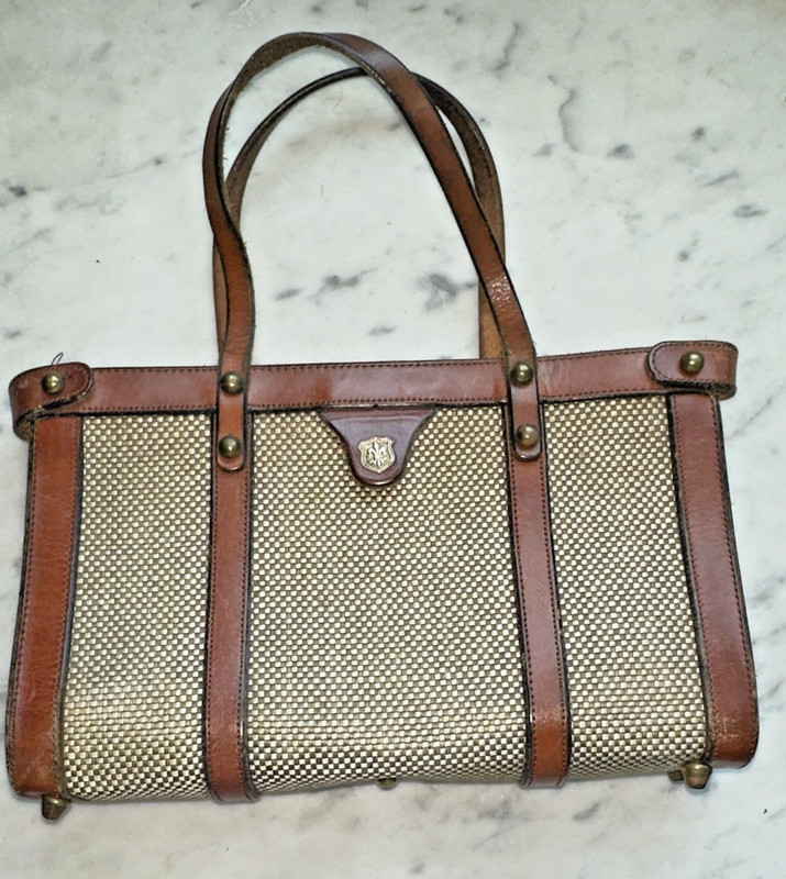 John Romain Vintage Woven and Leather Tweed Handbag 10 inches by 6.5