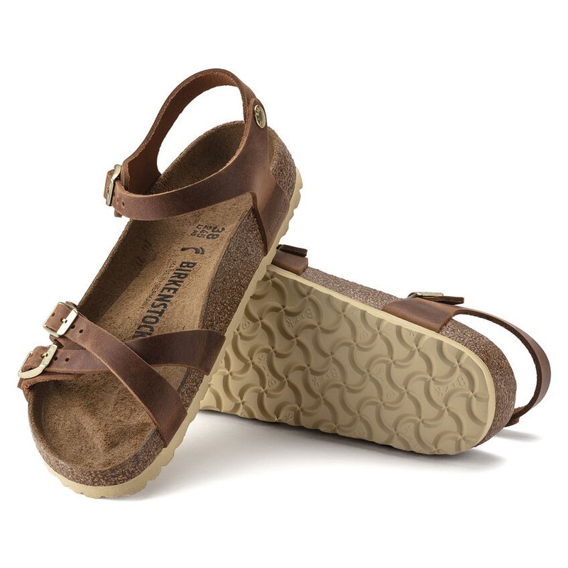 BIRKENSTOCK KUMBA COGNAC WAXY LEATHER MEDIUM/NARROW WIDTH CROSSED STRAPS SANDALS gallery